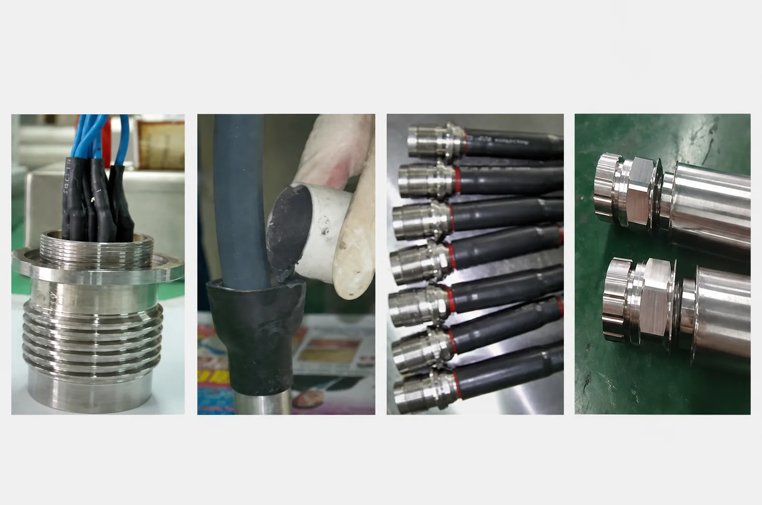 Four-panel nuclear cable harness process montage showing welding, potting, heat-shrink protection and laser welding